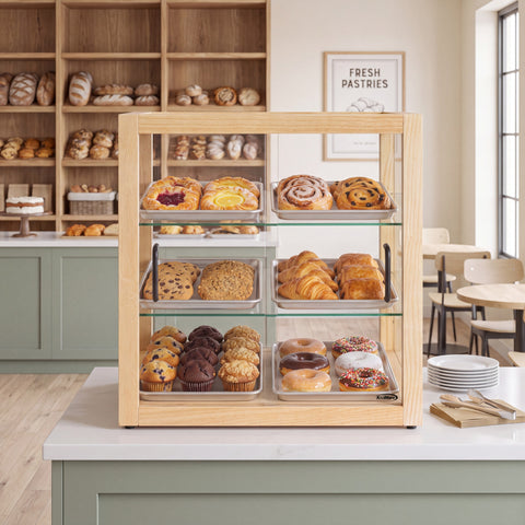 22 in. 3-Tier Artisan Wooden Bakery Display Case in Beige