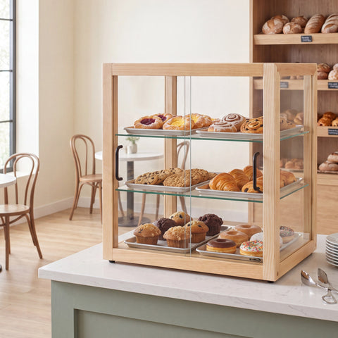 22 in. 3-Tier Artisan Wooden Bakery Display Case in Beige