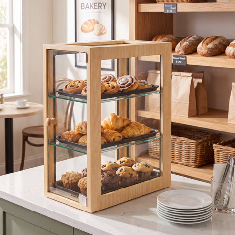 13 in. 3-Tier Bread Wooden Display Case with Swing Door in Beige