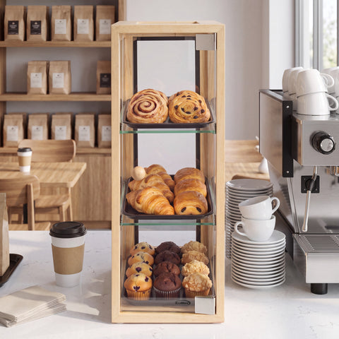 13 in. 3-Tier Bread Wooden Display Case with Swing Door in Beige