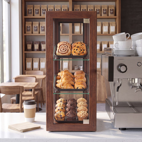 13 in. 3-Tier Bread Wooden Display Case with Swing Door in Brown