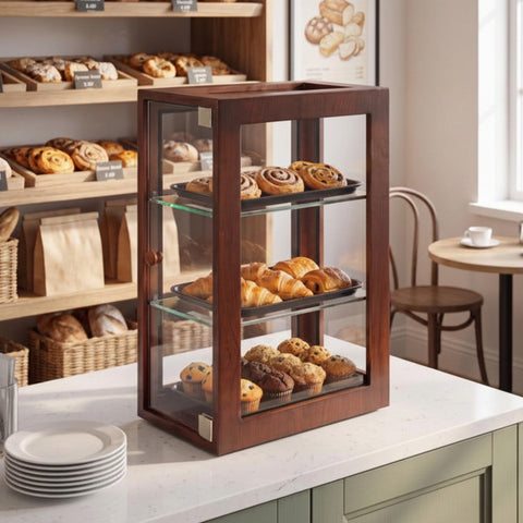 13 in. 3-Tier Bread Wooden Display Case with Swing Door in Brown