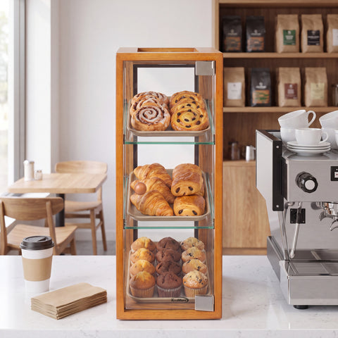 13 in. 3-Tier Bread Wooden Display Case with Swing Door in Light Brown