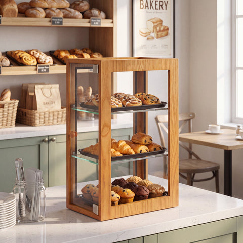 13 in. 3-Tier Bread Wooden Display Case with Swing Door in Light Brown