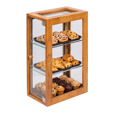 13 in. 3-Tier Bread Wooden Display Case with Swing Door in Light Brown