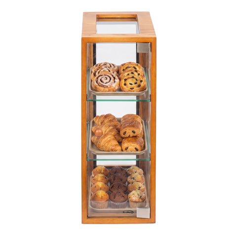 13 in. 3-Tier Bread Wooden Display Case with Swing Door in Light Brown