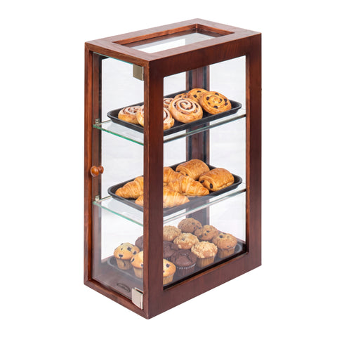 13 in. 3-Tier Bread Wooden Display Case with Swing Door in Brown