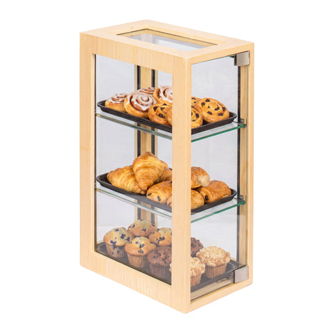 13 in. 3-Tier Bread Wooden Display Case with Swing Door in Beige