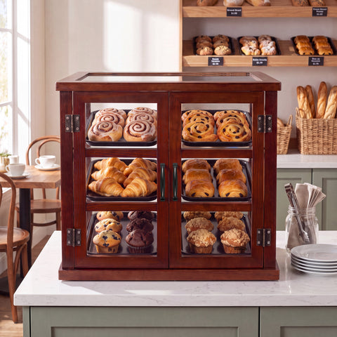 25 in. 3-Tier Paneled Wooden Bakery Display Case with Swing Doors in Brown