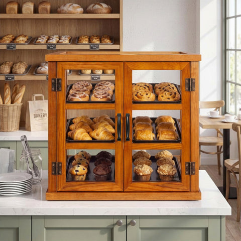 25 in. 3-Tier Paneled Wooden Bakery Display Case with Swing Doors in Light Brown