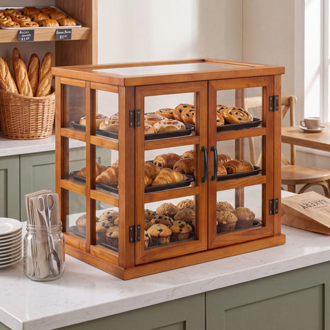25 in. 3-Tier Paneled Wooden Bakery Display Case with Swing Doors in Light Brown