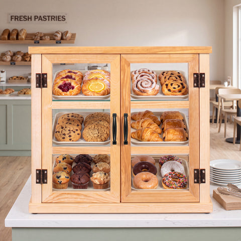 25 in. 3-Tier Paneled Rustic Style Wooden Bakery Display Case with Swing Doors in Beige