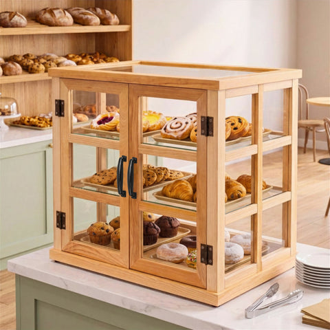 25 in. 3-Tier Paneled Rustic Style Wooden Bakery Display Case with Swing Doors in Beige