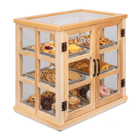 25 in. 3-Tier Paneled Rustic Style Wooden Bakery Display Case with Swing Doors in Beige