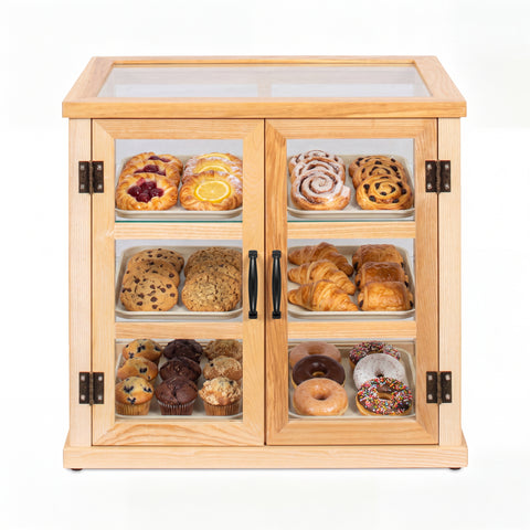 25 in. 3-Tier Paneled Rustic Style Wooden Bakery Display Case with Swing Doors in Beige