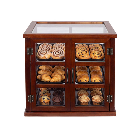 25 in. 3-Tier Paneled Wooden Bakery Display Case with Swing Doors in Brown