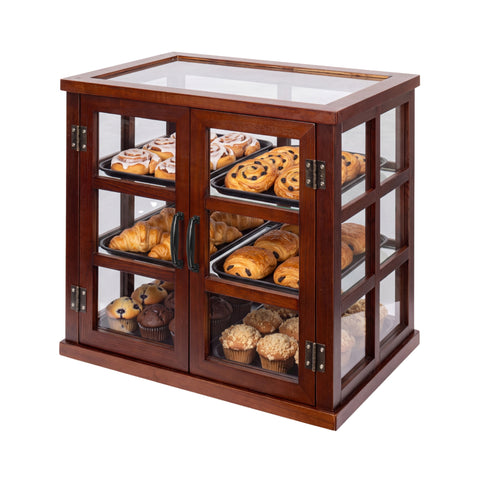 25 in. 3-Tier Paneled Wooden Bakery Display Case with Swing Doors in Brown