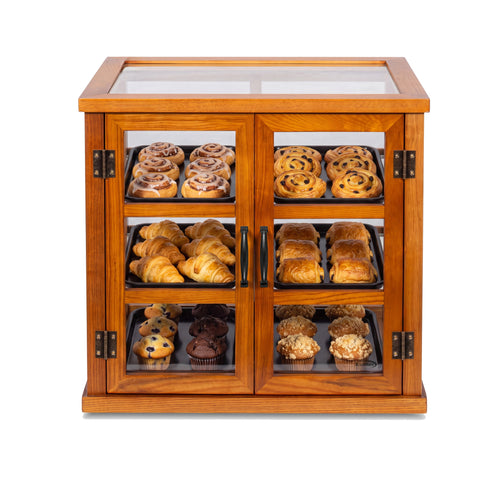 25 in. 3-Tier Paneled Wooden Bakery Display Case with Swing Doors in Light Brown