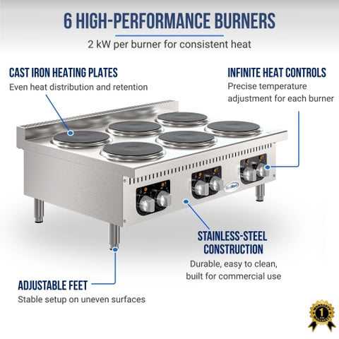 36 in. 6-Burner Commercial Electric Range Hot Plate, 240V