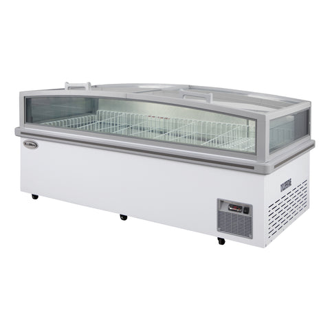 77 in. 27.5 cu. ft. Commercial Auto Defrost Convertible Aisle-End Island Freezer/Refrigerator in White
