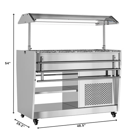 48 in. Refrigerated Buffet Table, 3 Full-Size GN Pan Capacity, Adjustable Cover, Serving Rail, 4 Lockable Casters, Stainless Steel