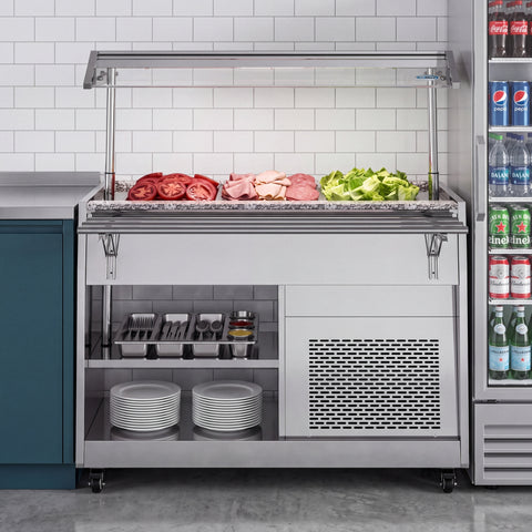 48 in. Refrigerated Buffet Table, 3 Full-Size GN Pan Capacity, Adjustable Cover, Serving Rail, 4 Lockable Casters, Stainless Steel