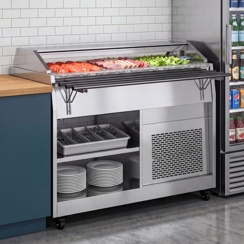 48 in. Refrigerated Buffet Table, 3 Full-Size GN Pan Capacity, Adjustable Cover, Serving Rail, 4 Lockable Casters, Stainless Steel
