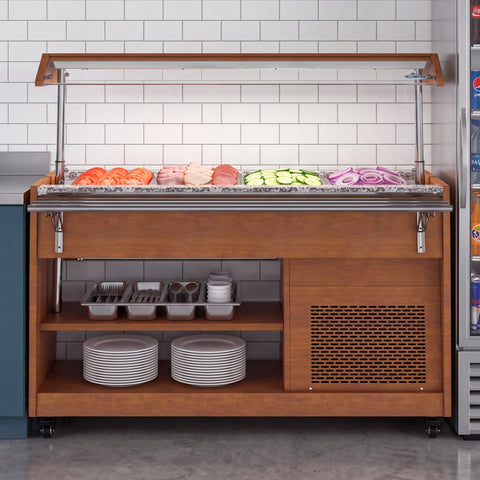 59 in. Refrigerated Buffet Table, 4 Full-Size GN Pan Capacity, Adjustable Cover, Serving Rail, 4 Lockable Casters, Stainless Steel with Wood-Grain Finish
