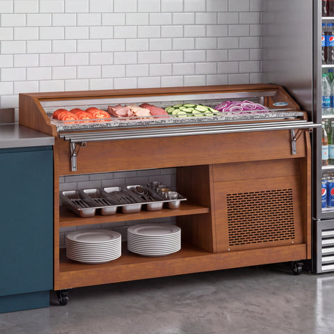 59 in. Refrigerated Buffet Table, 4 Full-Size GN Pan Capacity, Adjustable Cover, Serving Rail, 4 Lockable Casters, Stainless Steel with Wood-Grain Finish