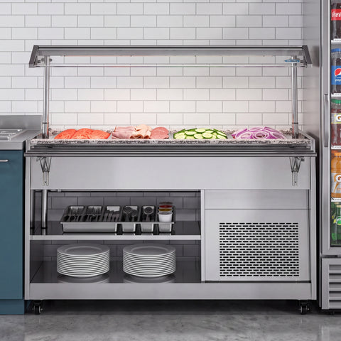 59 in. Refrigerated Buffet Table, 4 Full-Size GN Pan Capacity, Adjustable Cover, Serving Rail, 4 Lockable Casters, Stainless Steel