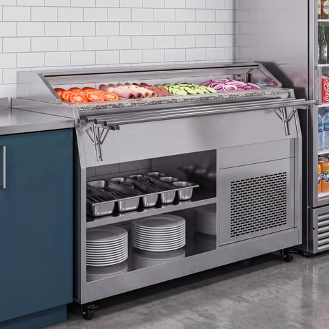 59 in. Refrigerated Buffet Table, 4 Full-Size GN Pan Capacity, Adjustable Cover, Serving Rail, 4 Lockable Casters, Stainless Steel