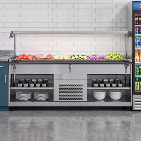 84 in. Refrigerated Buffet Table, 5 Full-Size GN Pan Capacity, Adjustable Cover, Serving Rail, 4 Lockable Casters, Stainless Steel