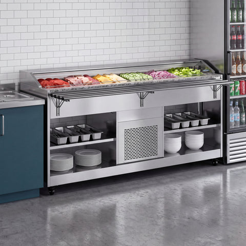 84 in. Refrigerated Buffet Table, 5 Full-Size GN Pan Capacity, Adjustable Cover, Serving Rail, 4 Lockable Casters, Stainless Steel