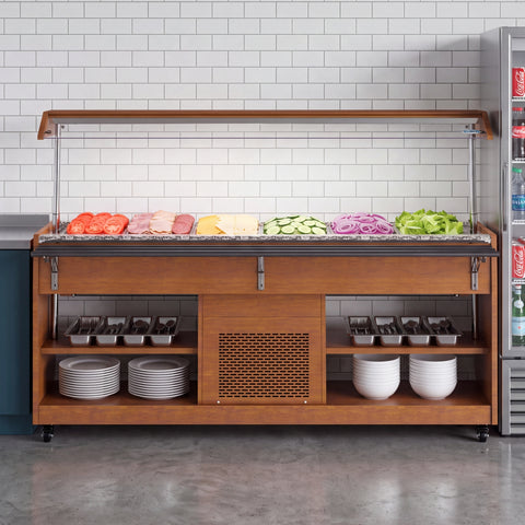 84 in. Buffet Salad Table, 5 Full-Size GN Pan Capacity, Adjustable Cover, Serving Rail, 4 Lockable Casters, Stainless Steel with Wood-Grain Finish