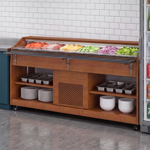 84 in. Buffet Salad Table, 5 Full-Size GN Pan Capacity, Adjustable Cover, Serving Rail, 4 Lockable Casters, Stainless Steel with Wood-Grain Finish