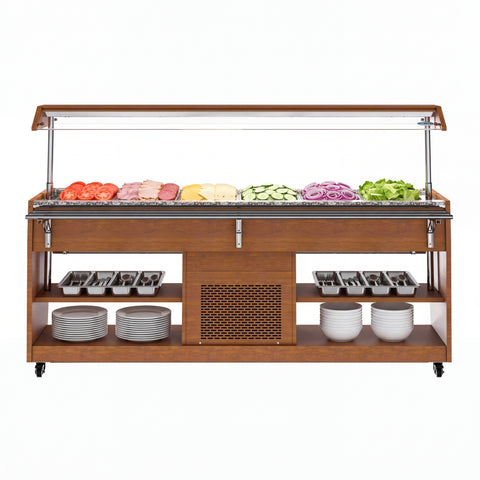84 in. Buffet Salad Table, 5 Full-Size GN Pan Capacity, Adjustable Cover, Serving Rail, 4 Lockable Casters, Stainless Steel with Wood-Grain Finish