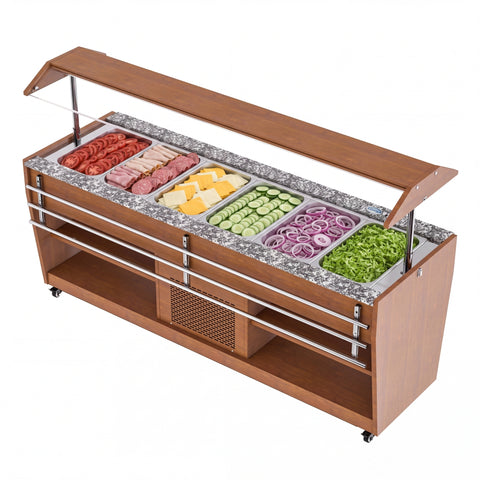 84 in. Buffet Salad Table, 5 Full-Size GN Pan Capacity, Adjustable Cover, Serving Rail, 4 Lockable Casters, Stainless Steel with Wood-Grain Finish