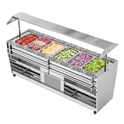 84 in. Refrigerated Buffet Table, 5 Full-Size GN Pan Capacity, Adjustable Cover, Serving Rail, 4 Lockable Casters, Stainless Steel