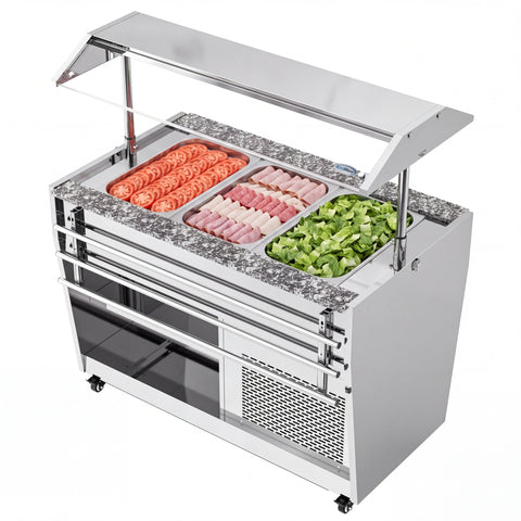 48 in. Refrigerated Buffet Table, 3 Full-Size GN Pan Capacity, Adjustable Cover, Serving Rail, 4 Lockable Casters, Stainless Steel