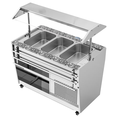48 in. Refrigerated Buffet Table, 3 Full-Size GN Pan Capacity, Adjustable Cover, Serving Rail, 4 Lockable Casters, Stainless Steel