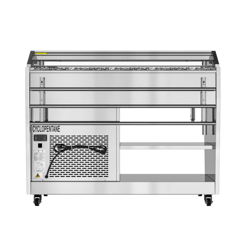 48 in. Refrigerated Buffet Table, 3 Full-Size GN Pan Capacity, Adjustable Cover, Serving Rail, 4 Lockable Casters, Stainless Steel