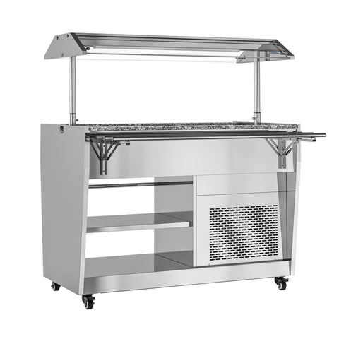 48 in. Refrigerated Buffet Table, 3 Full-Size GN Pan Capacity, Adjustable Cover, Serving Rail, 4 Lockable Casters, Stainless Steel