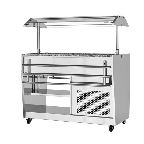 48 in. Refrigerated Buffet Table, 3 Full-Size GN Pan Capacity, Adjustable Cover, Serving Rail, 4 Lockable Casters, Stainless Steel