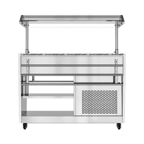 48 in. Refrigerated Buffet Table, 3 Full-Size GN Pan Capacity, Adjustable Cover, Serving Rail, 4 Lockable Casters, Stainless Steel
