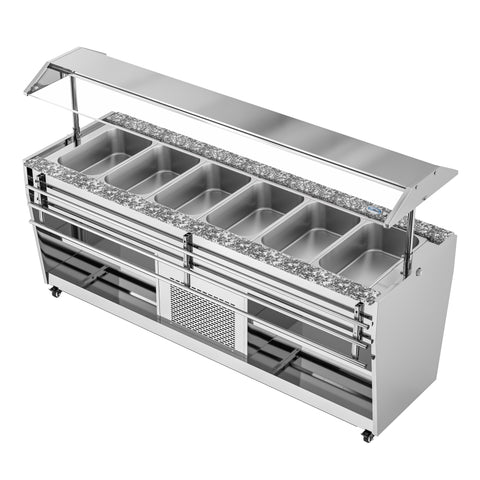 84 in. Refrigerated Buffet Table, 5 Full-Size GN Pan Capacity, Adjustable Cover, Serving Rail, 4 Lockable Casters, Stainless Steel