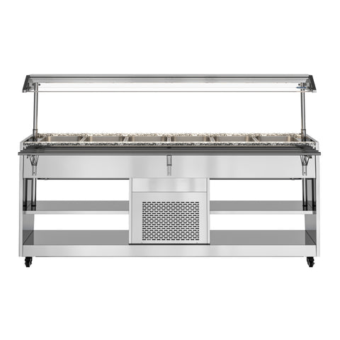 84 in. Refrigerated Buffet Table, 5 Full-Size GN Pan Capacity, Adjustable Cover, Serving Rail, 4 Lockable Casters, Stainless Steel