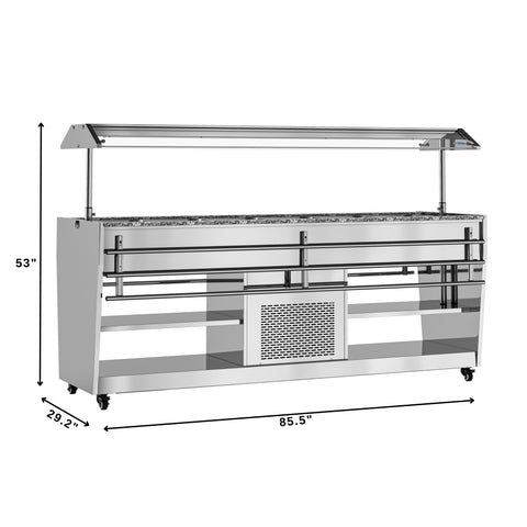 84 in. Refrigerated Buffet Table, 5 Full-Size GN Pan Capacity, Adjustable Cover, Serving Rail, 4 Lockable Casters, Stainless Steel