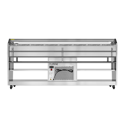 84 in. Refrigerated Buffet Table, 5 Full-Size GN Pan Capacity, Adjustable Cover, Serving Rail, 4 Lockable Casters, Stainless Steel