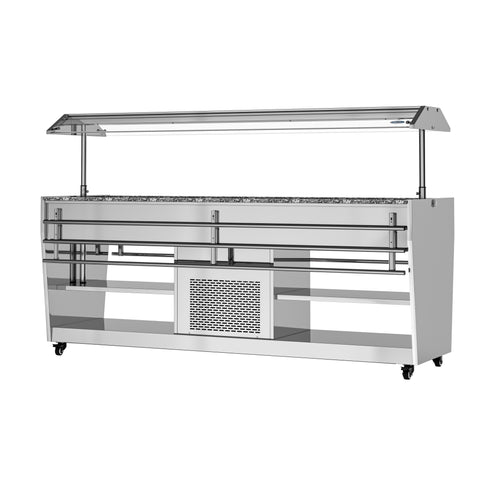 84 in. Refrigerated Buffet Table, 5 Full-Size GN Pan Capacity, Adjustable Cover, Serving Rail, 4 Lockable Casters, Stainless Steel