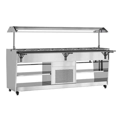 84 in. Refrigerated Buffet Table, 5 Full-Size GN Pan Capacity, Adjustable Cover, Serving Rail, 4 Lockable Casters, Stainless Steel